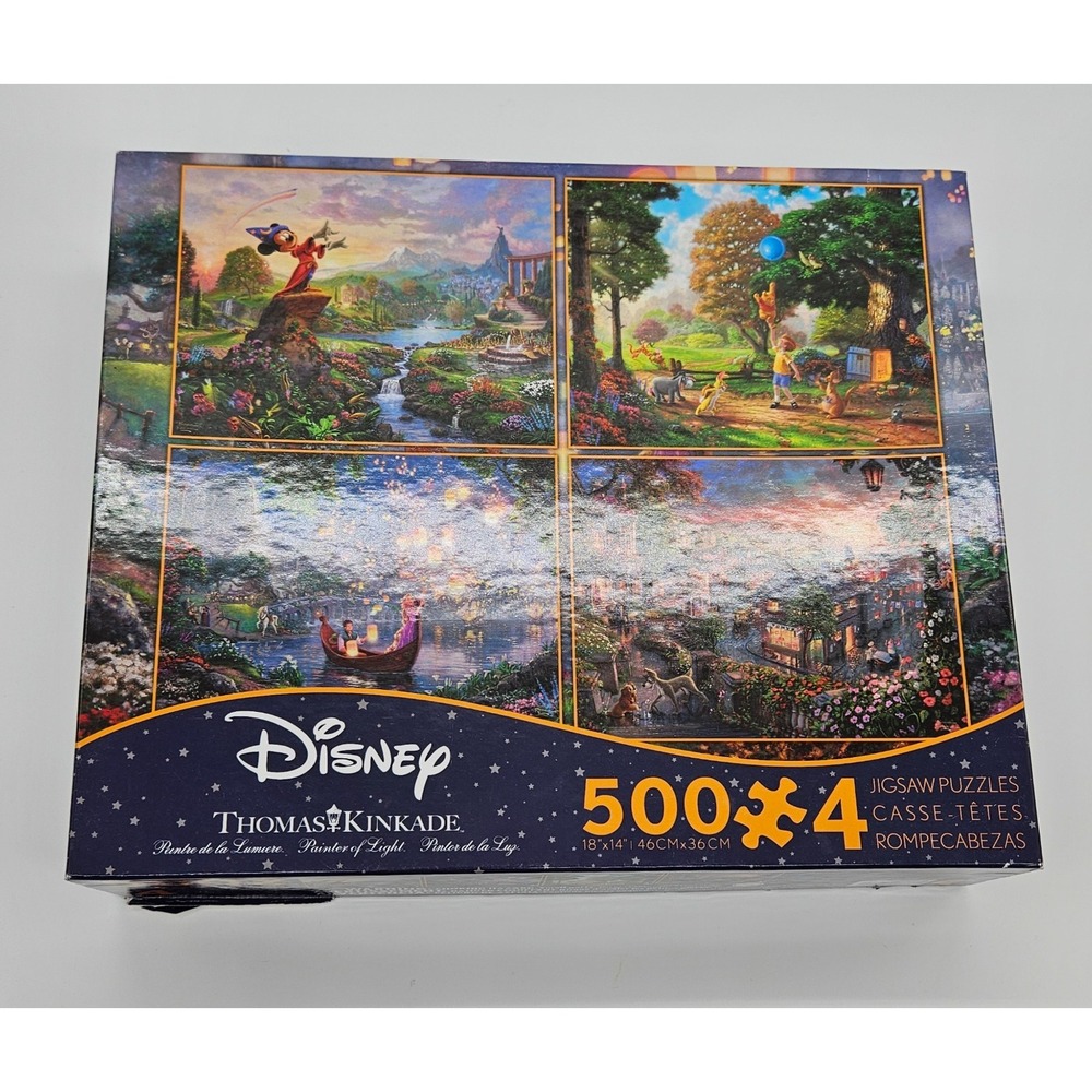 NEW Thomas Kinkade Disney 500 pcs 4 in‎ 1 Puzzle Winnie the Pooh Fantasia 2 open